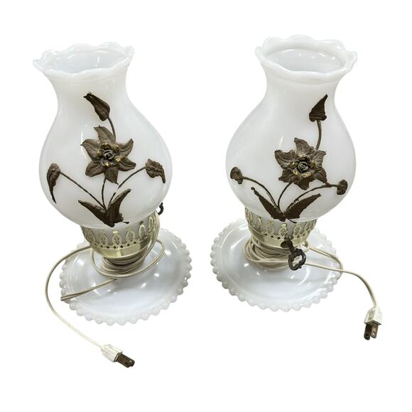 Pair 2 VTG Milk Glass Hurricane Boudoir Lamps W Applied Gold Flower Pattern HLBN